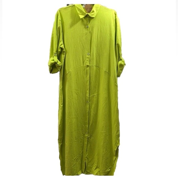 Dresses & Skirts - Women’s Long Sleeve Button Down Dress Shirt Lime Green W/ Side Slits Size Small